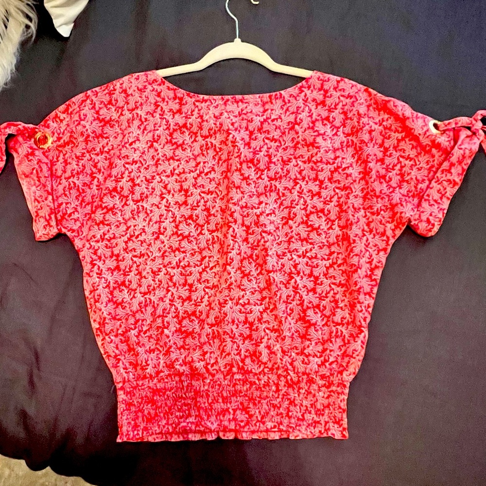 Michael Kors Coral Print, Tie Sleeves, Ribbed Waist Blouse